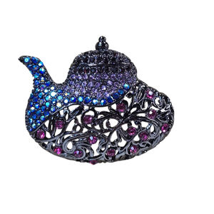 Betsey Johnson Brooch Pendant Teapot Pin Gunmetal Filigree Rhinestone Blue Pink